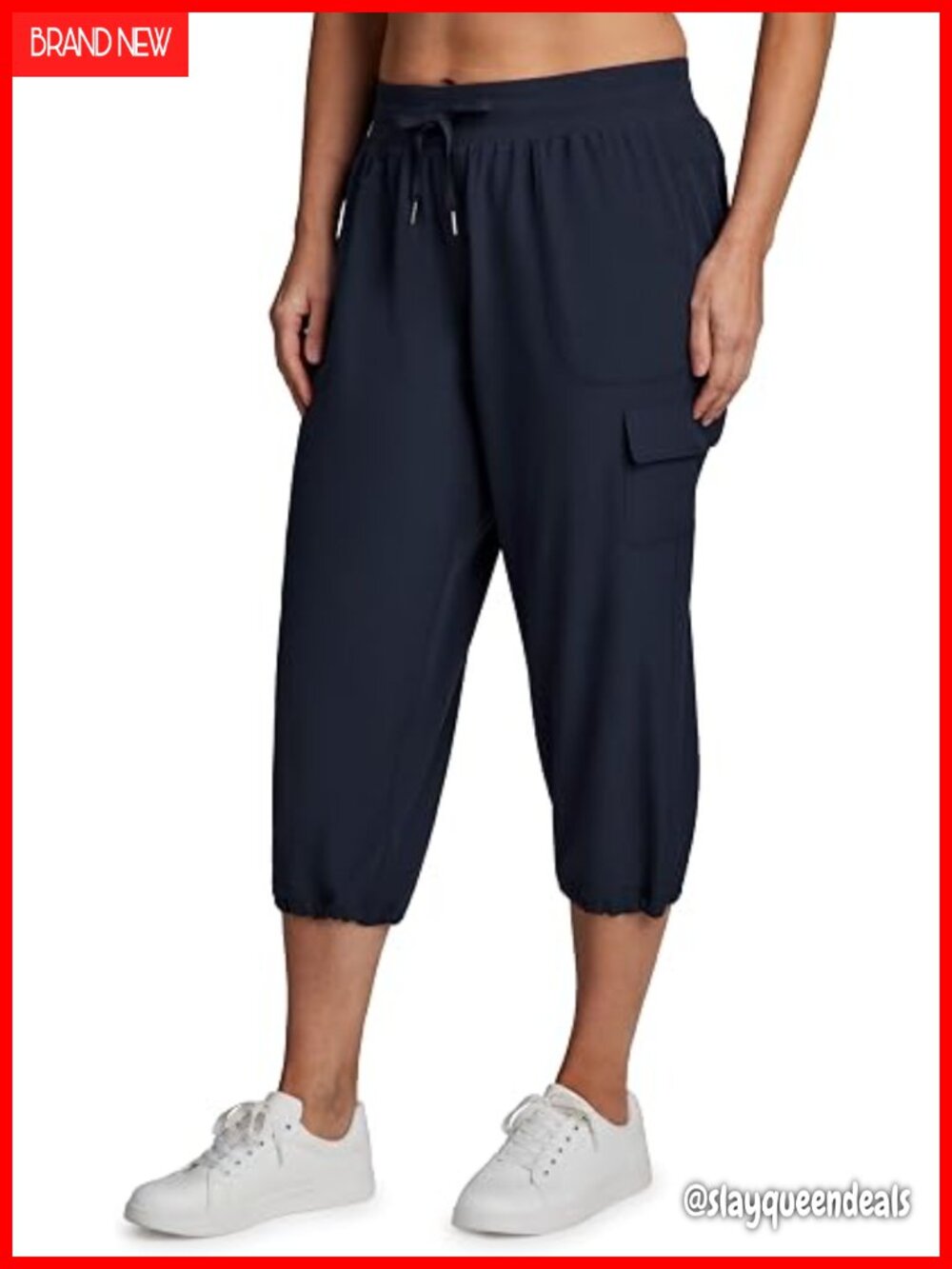 Womens Plus Size Lightweight Woven Drawstring Cargo Capri Pants